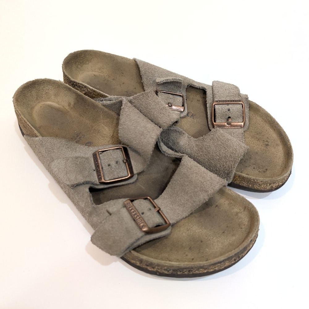 Birkenstock Arizona Suede Sandals Taupe Grey Two Strap Slides Buckle Shoes 42